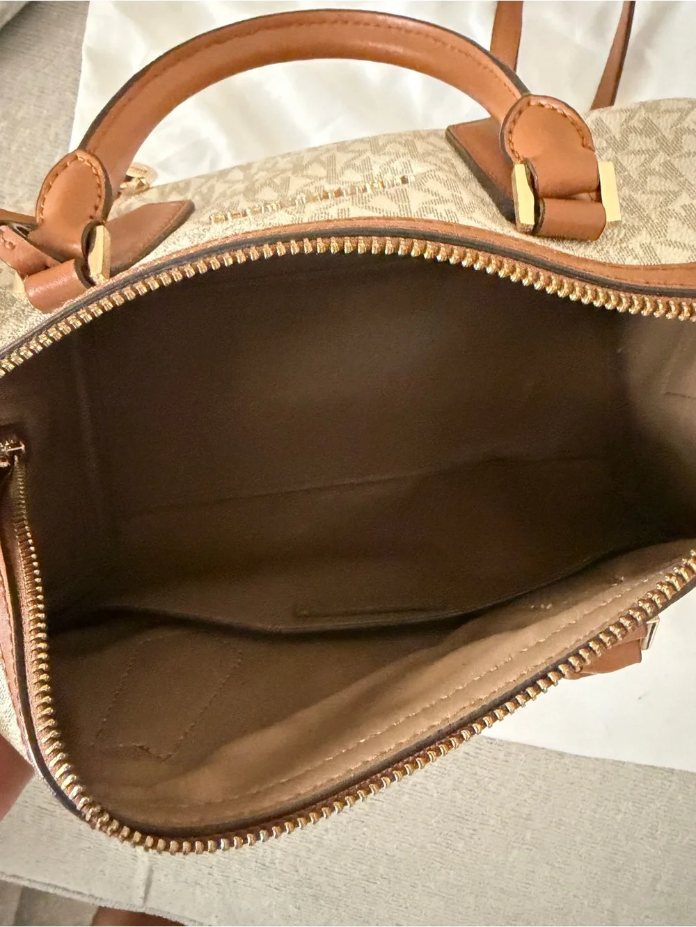 Michael Kors Beige Logo Satchel with Brown Trim and Gold Hardware